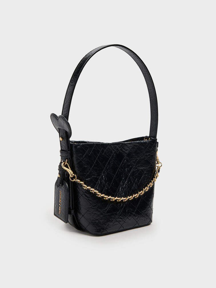 Duo Quilted Chain Bucket Bag, Black, hi-res