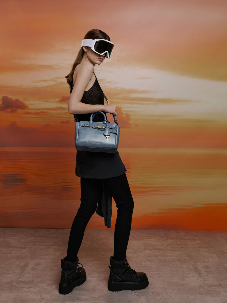 Mini Delfina Belted Tote Bag, Distressed Midnight Blue, hi-res