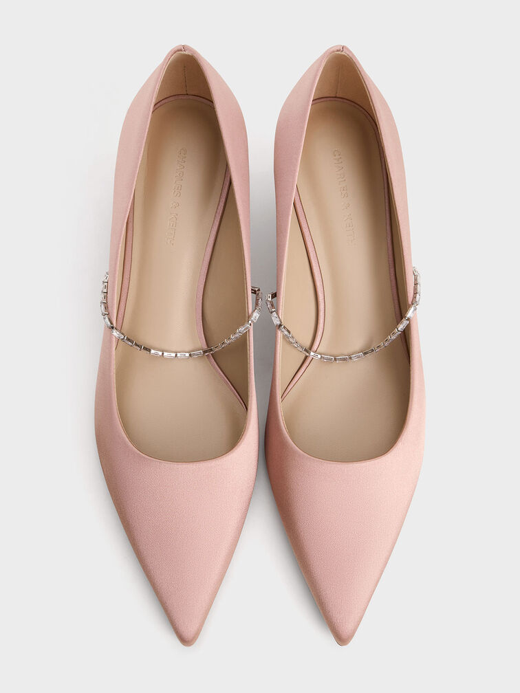 Satin Embellished-Strap Pointed-Toe Pumps, Nude, hi-res