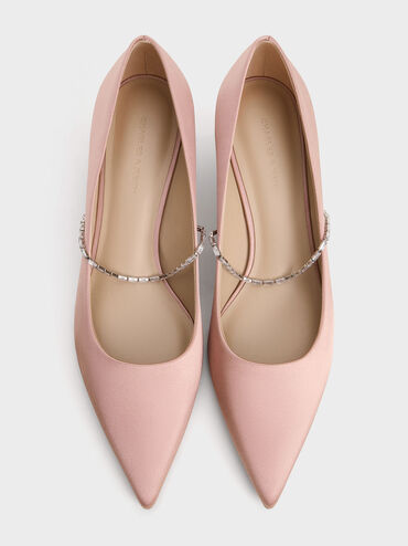 Satin Embellished-Strap Pointed-Toe Pumps, Nude, hi-res