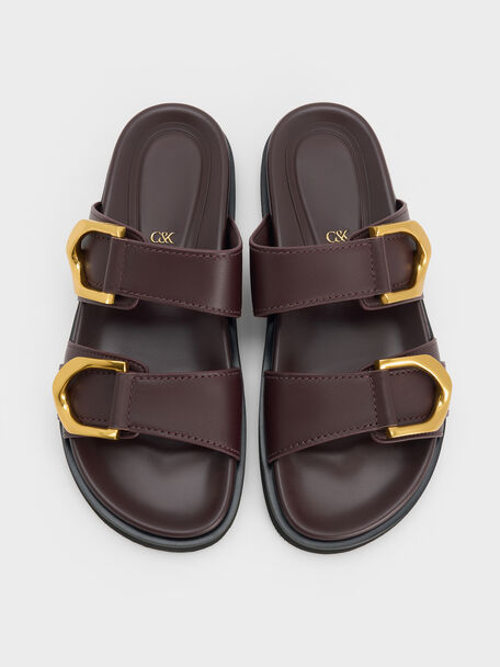 Gabine Gold-Buckle Leather Slides, Plum, hi-res