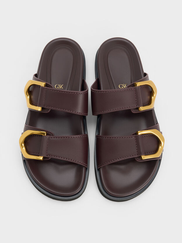 Gabine Gold-Buckle Leather Slides, Plum, hi-res