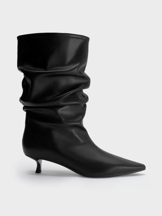 Ruched Kitten-Heel Calf Boots, Black, hi-res