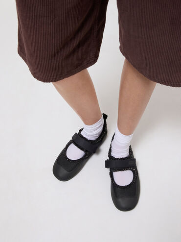 Mesh Pearl-Embellished Mary Jane Sneakers, Black Textured, hi-res