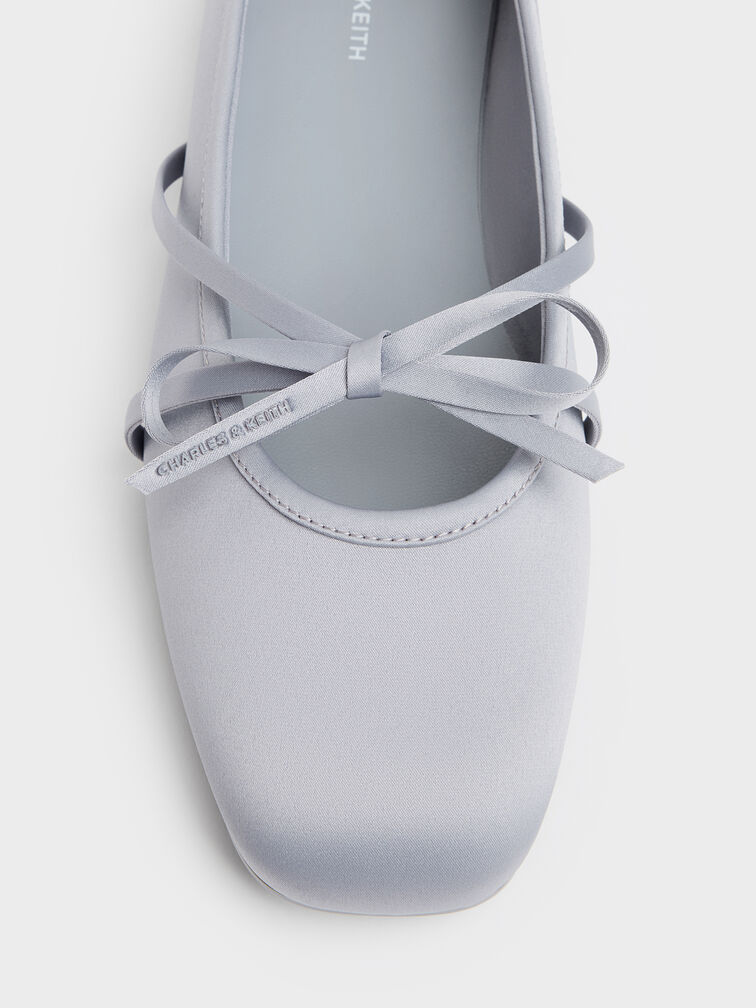 Satin Bow Ballet Flats, Grey, hi-res