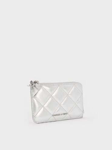 Arrietty Metallic Quilted Bow-Heart Charm Zip-Around Wallet, Silver, hi-res