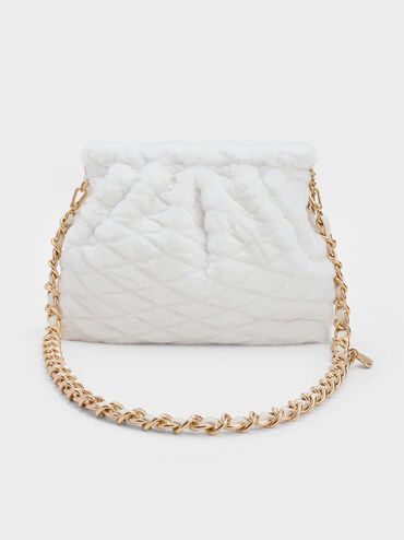 Duo Furry Chain-Handle Hobo Bag, White, hi-res