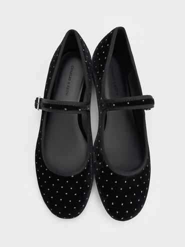 Carmel Velvet Dotted Buckled Mary Jane Flats, Black Textured, hi-res