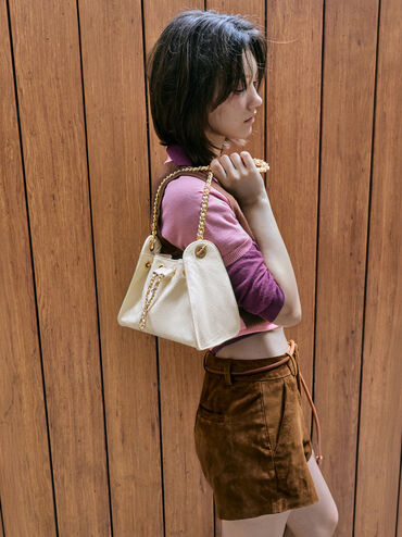 Duo Quilted Drawstring Bucket Bag, Cream, hi-res