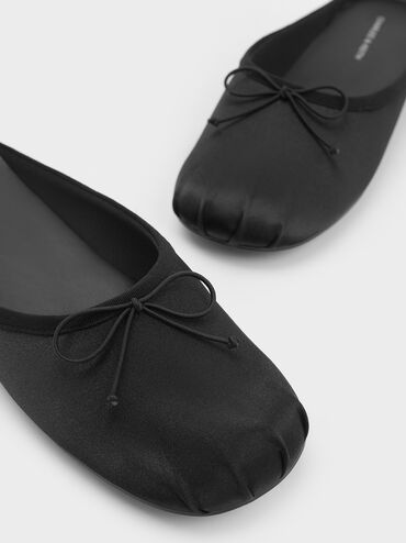 Satin Bow Flat Mules, Black Textured, hi-res