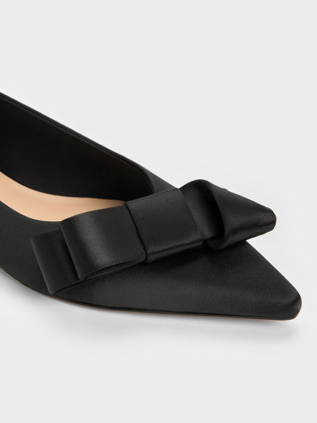 Pleated-Bow Pointed Ballet Flats, Black Textured, hi-res
