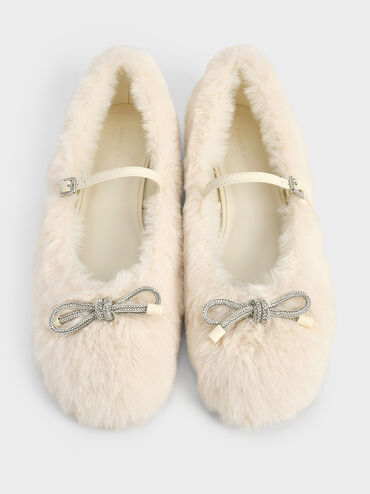 Bow Crystal-Embellished Furry Mary Janes, Chalk, hi-res