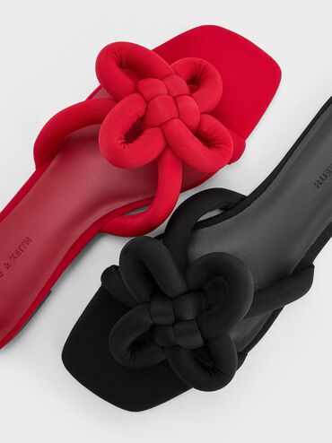 Clover-Knot Slide Sandals, Black Textured, hi-res