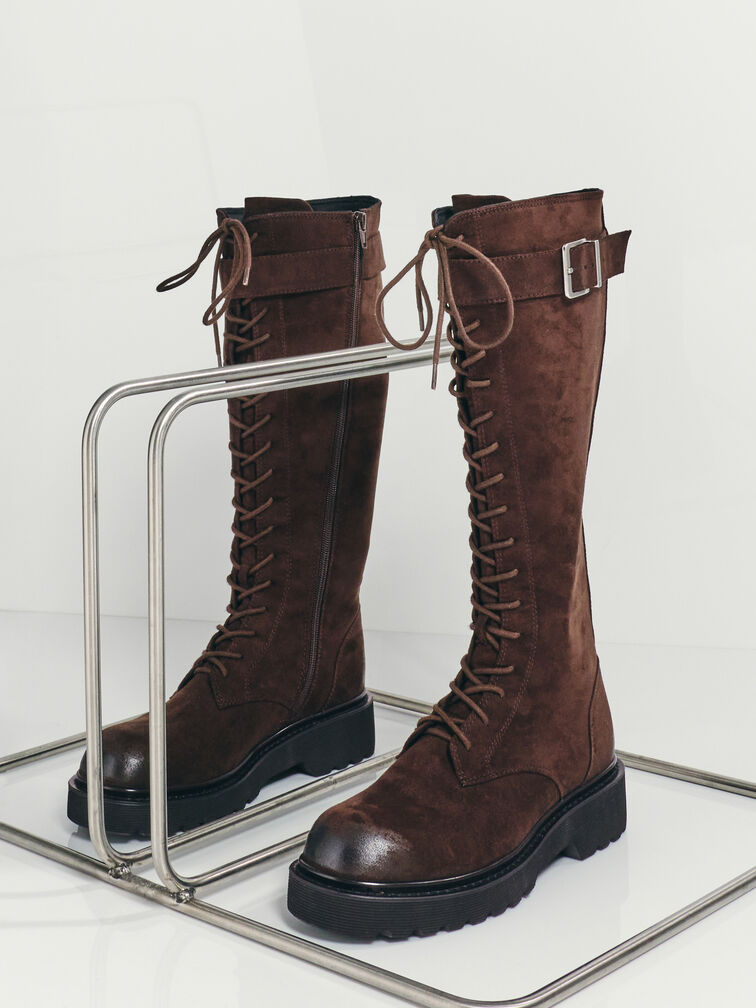 Darian Faux Suede Lace-Up Buckle-Strap Knee-High Boots, Dark Brown Textured, hi-res