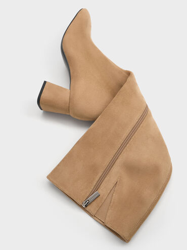 Faux Suede Square-Toe Knee-High Boots, Sand, hi-res