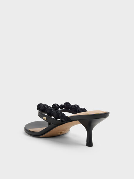 Leather Beaded Thong Kitten Heels, Black, hi-res