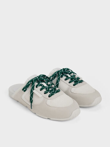 Mesh Patterned-Lace Slip-On Sneakers, White, hi-res