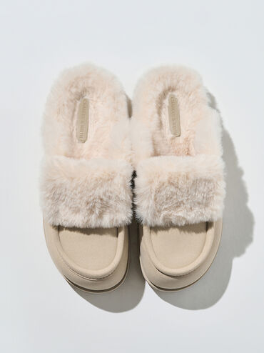 Textured Fur-Trim Flatform Mules, Beige, hi-res