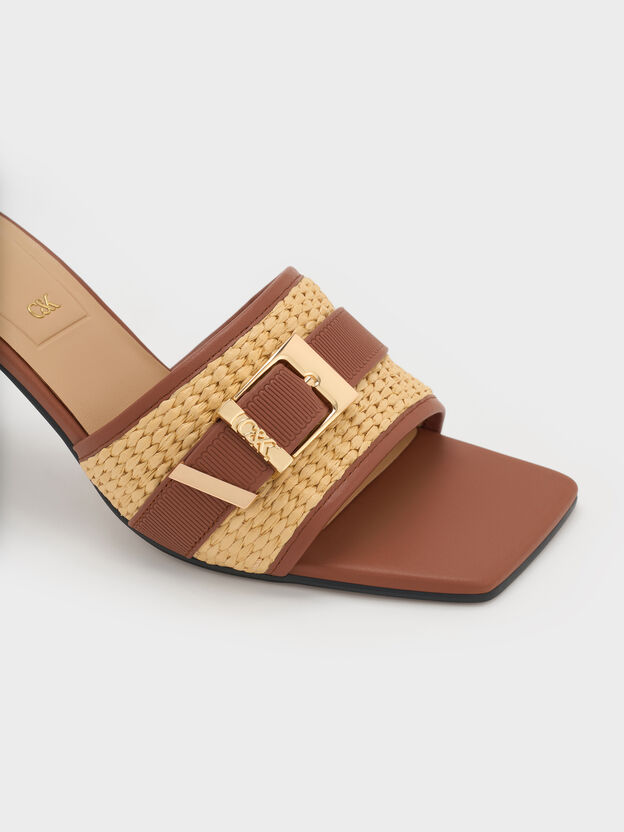 Whitney Leather & Raffia Heeled Mules, Brown, hi-res