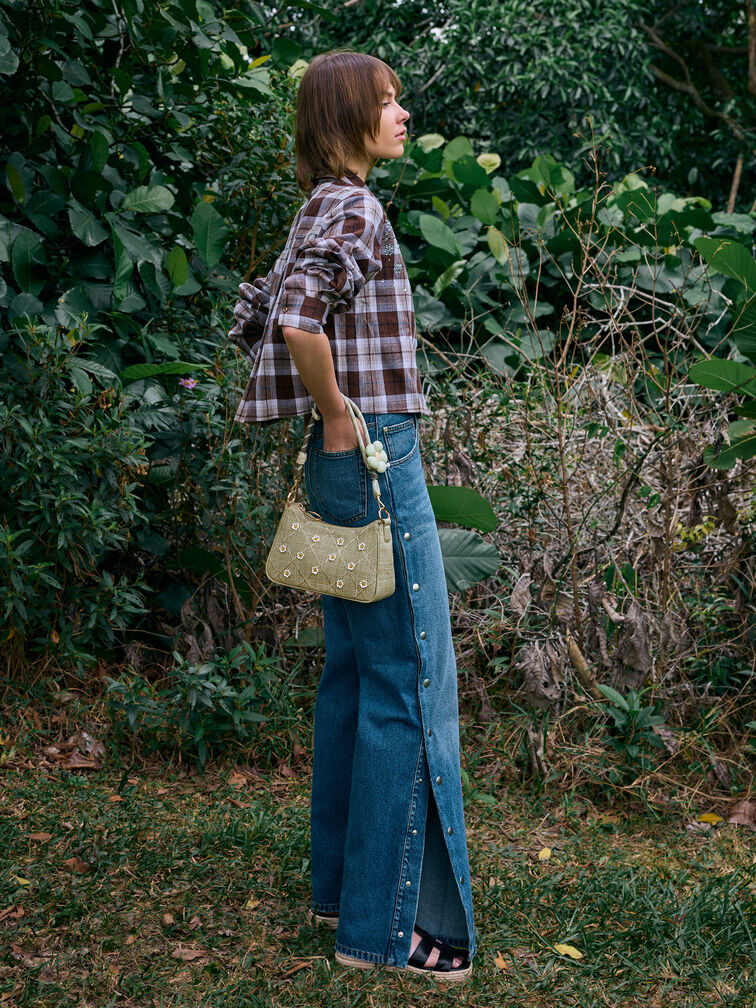 Philomena Raffia Flower Crossbody Bag, Pale Olive, hi-res