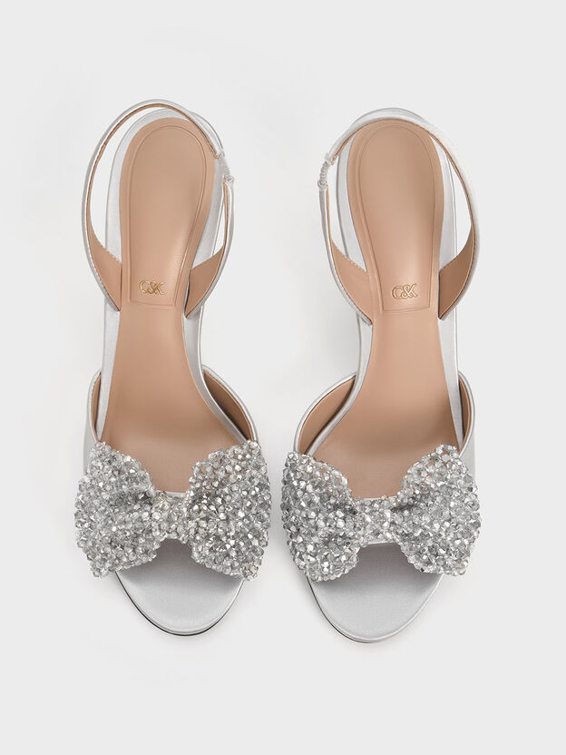 Beaded Bow Slingback Pumps, Silver, hi-res