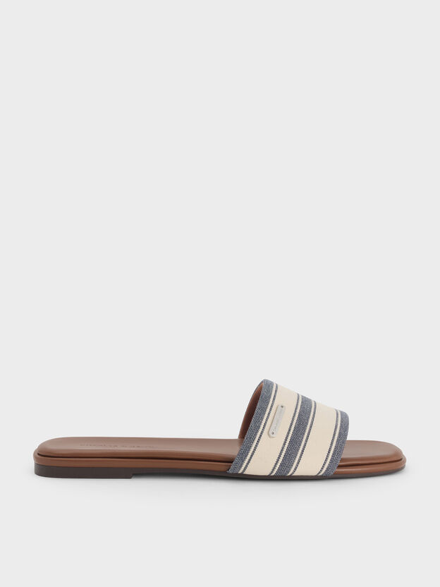 Striped Square-Toe Slide Sandals, Dark Blue, hi-res