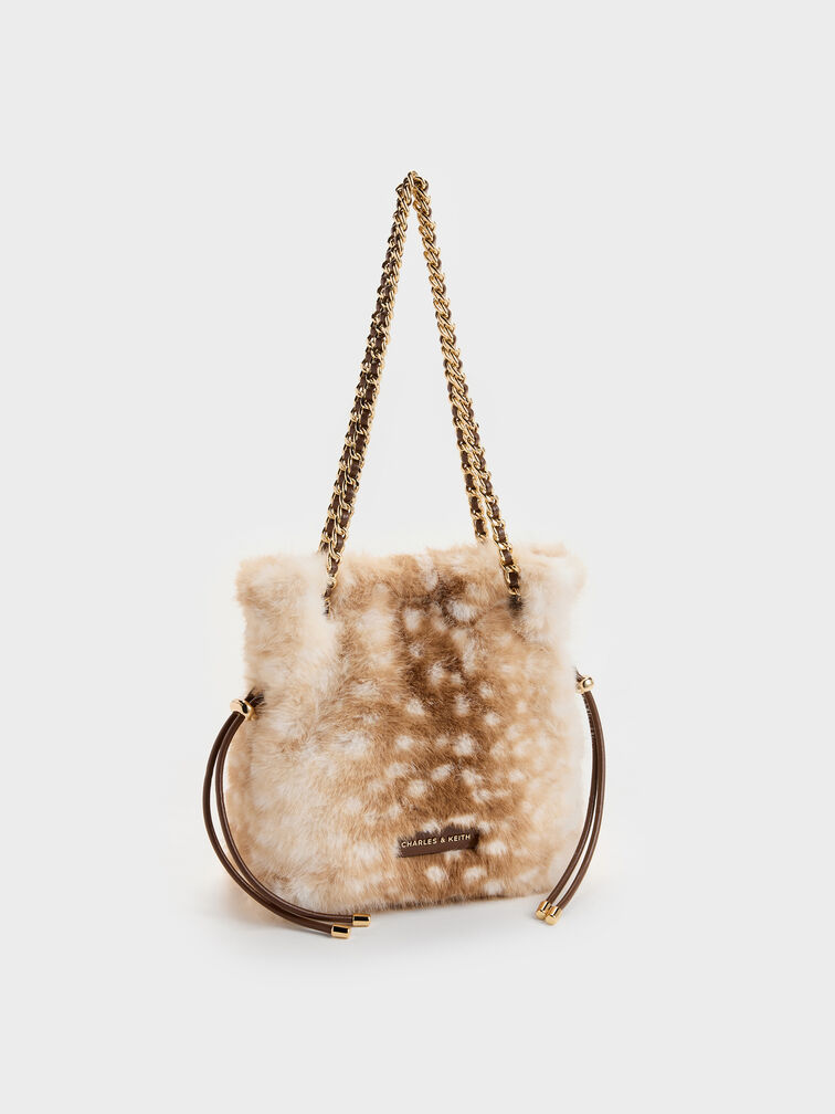 Arya Furry Deer-Print Braided-Chain Crossbody Bag, Animal Print Brown, hi-res