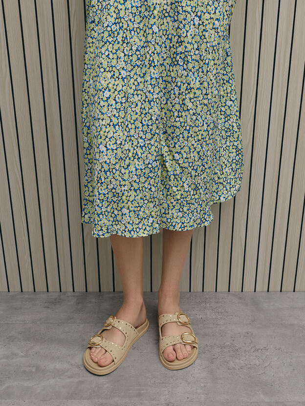 Studded Buckled Double-Strap Slides, Beige, hi-res