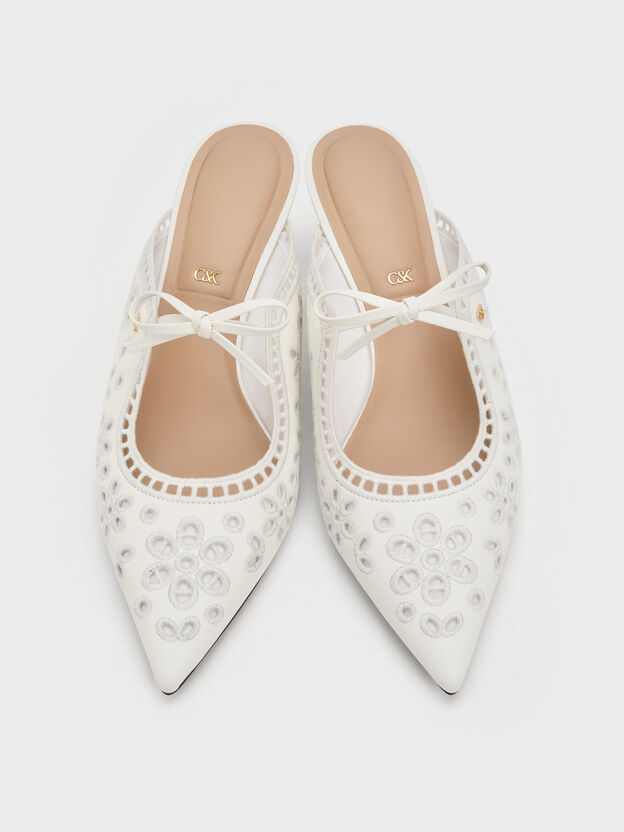 Leather Embroidered Heeled Mules, White, hi-res