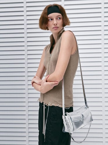Rachel Elongated Front-Pocket Chain-Handle Bag, Silver, hi-res