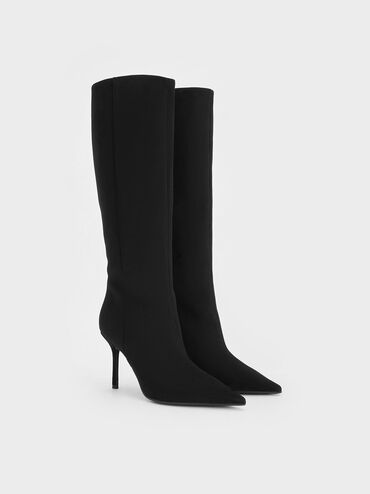 Faux Suede Pointed Stiletto Knee-High Boots, Black Textured, hi-res