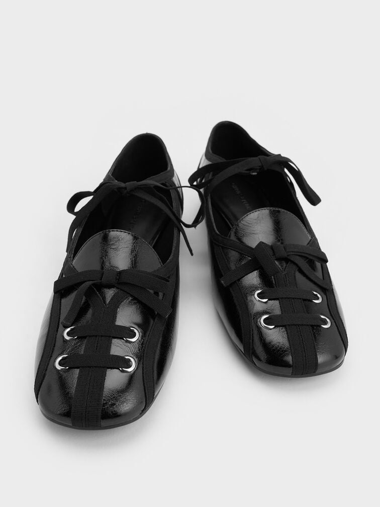 Crinkle-Effect Lace-Up Bow Ballet Flats, Black, hi-res