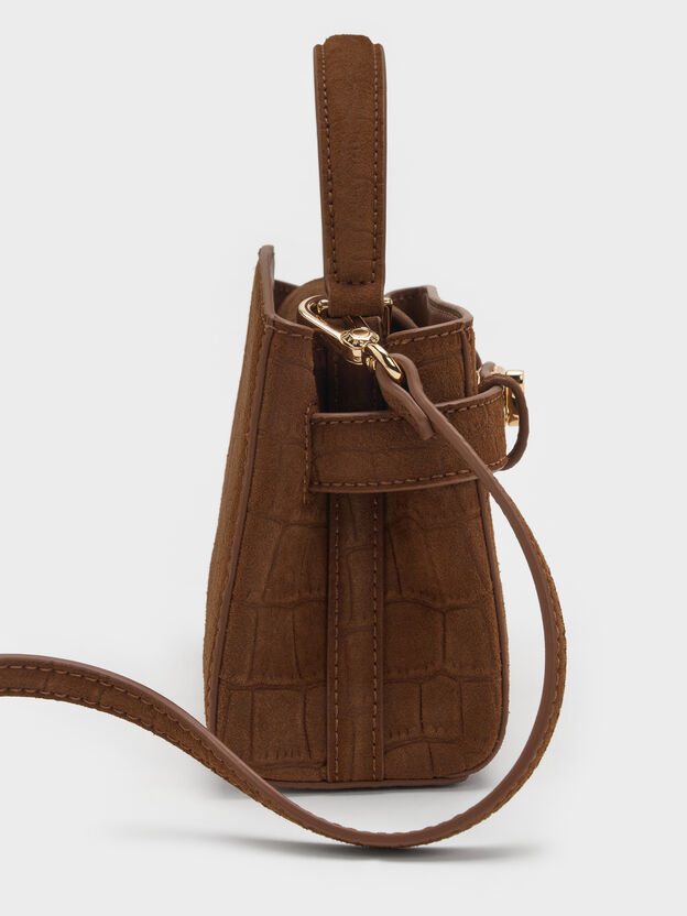 Aubrielle Croc-Effect Belted Top Handle Bag, Chocolate, hi-res
