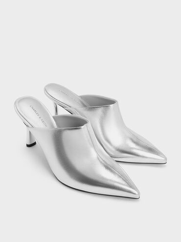Metallic High-Vamp Pointed-Toe Heeled Mules, Silver, hi-res