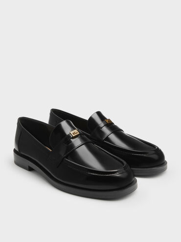 Georgina Leather Metallic-Accent Penny Loafers, Black Box, hi-res