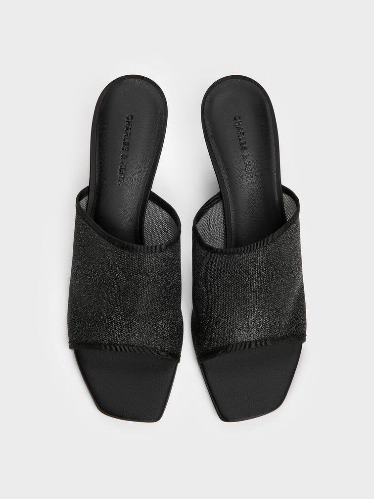 Glittered Mesh Heeled Mules, Black Textured, hi-res
