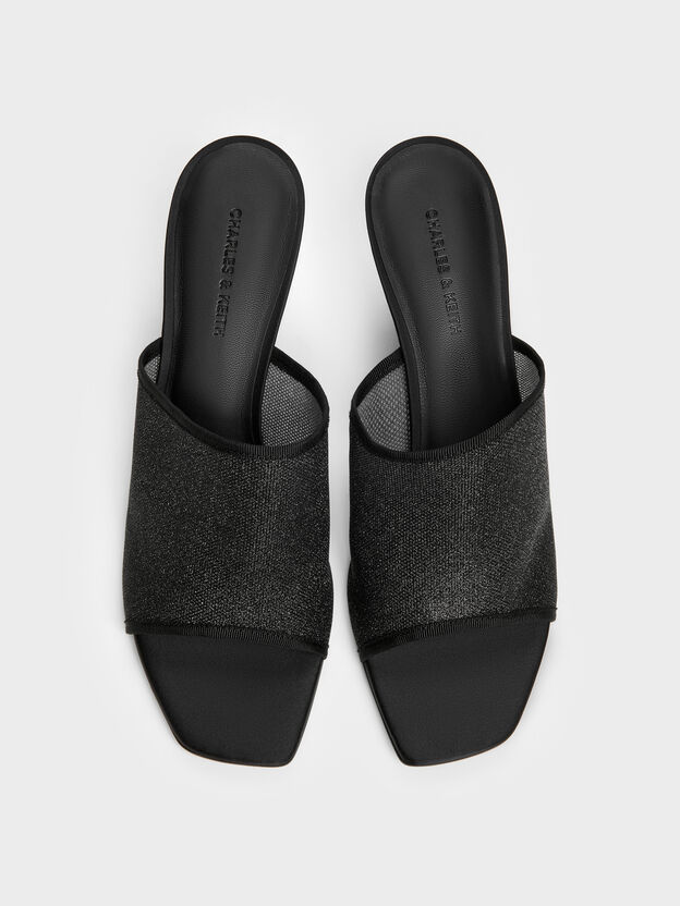 Glittered Mesh Heeled Mules, Black Textured, hi-res