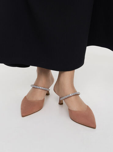 Ambrosia Textured Gem-Embellished Pointed-Toe Mules, Nude, hi-res
