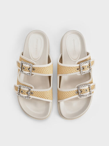 Raffia Gem-Buckle Double-Strap Sandals, Sand, hi-res