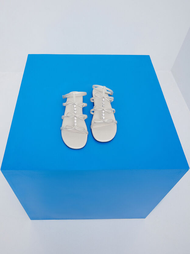 Gem-Embellished Bow T-Bar Sandals, White, hi-res