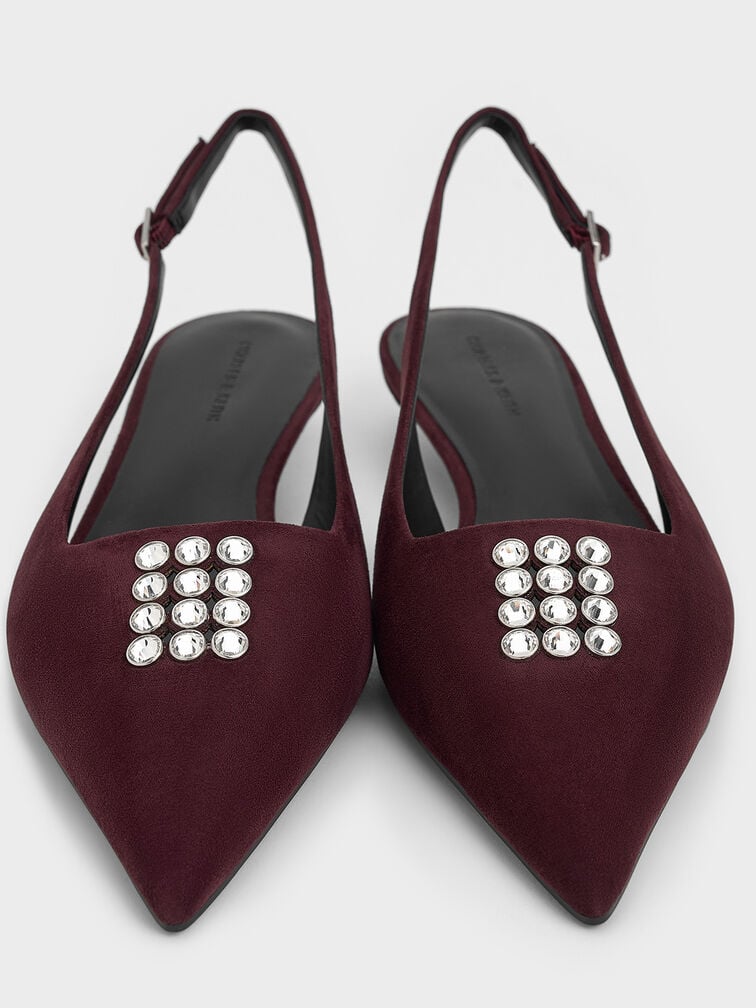 Faux Suede Crystal-Embellished Slingback Pumps, Burgundy, hi-res