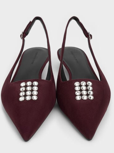 Faux Suede Crystal-Embellished Slingback Pumps, Burgundy, hi-res