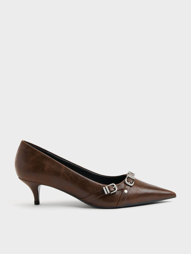 Aira Buckled-Strap Kitten Heels, Dark Brown, hi-res