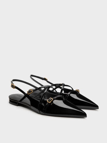 Maybelle Patent Strappy Slingback Flats, Black Patent, hi-res