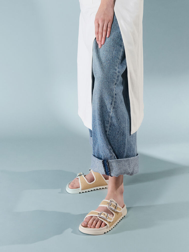 Raffia Gem-Buckle Double-Strap Sandals, Sand, hi-res