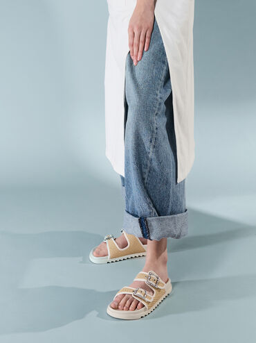 Raffia Gem-Buckle Double-Strap Sandals, Sand, hi-res