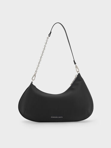 Dion Satin Chain-Handle Asymmetric Shoulder Bag, Noir, hi-res