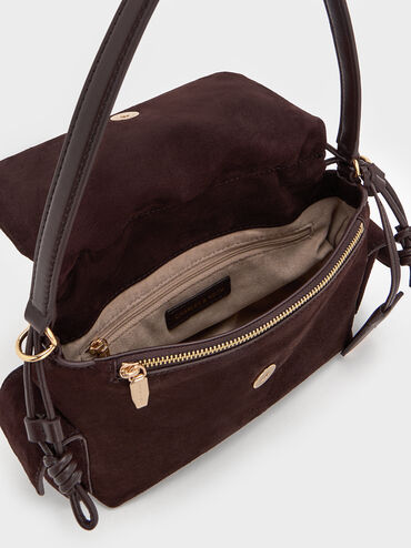 Khai Recycled Suede Ruched-Flap Side-Pocket Top Handle Bag, Espresso Brown, hi-res