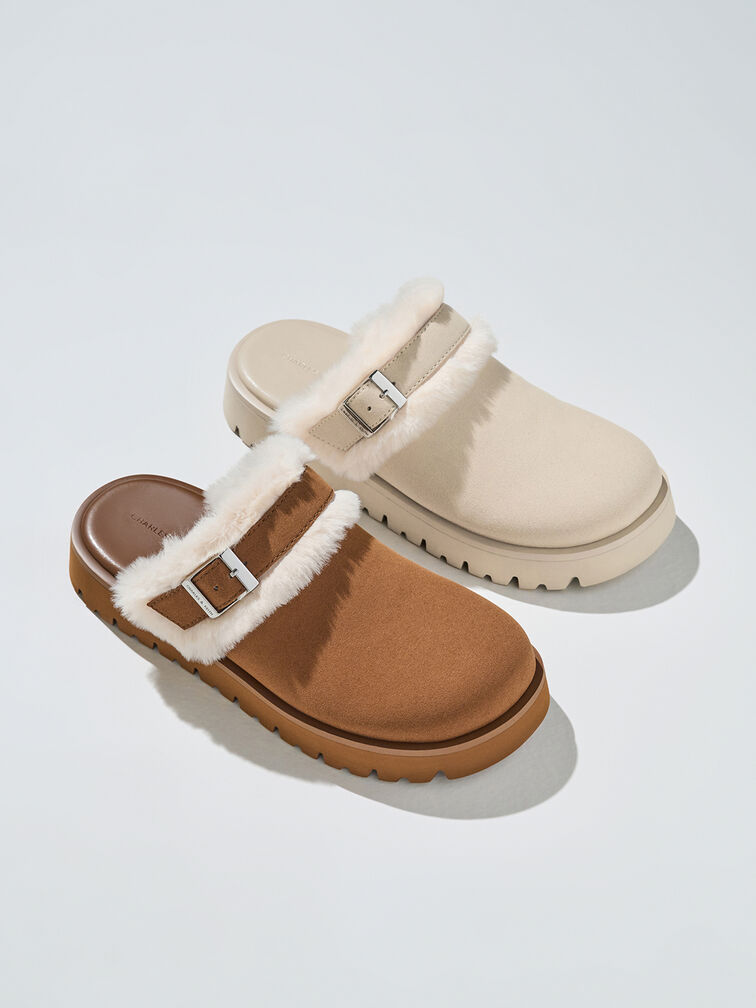 Hannah Textured Fur-Trim Buckled Mules, Beige, hi-res