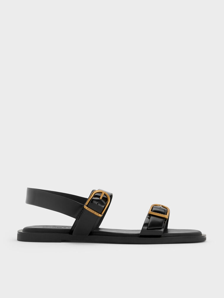 Double Buckle-Strap Slingback Sandals, Black Box, hi-res